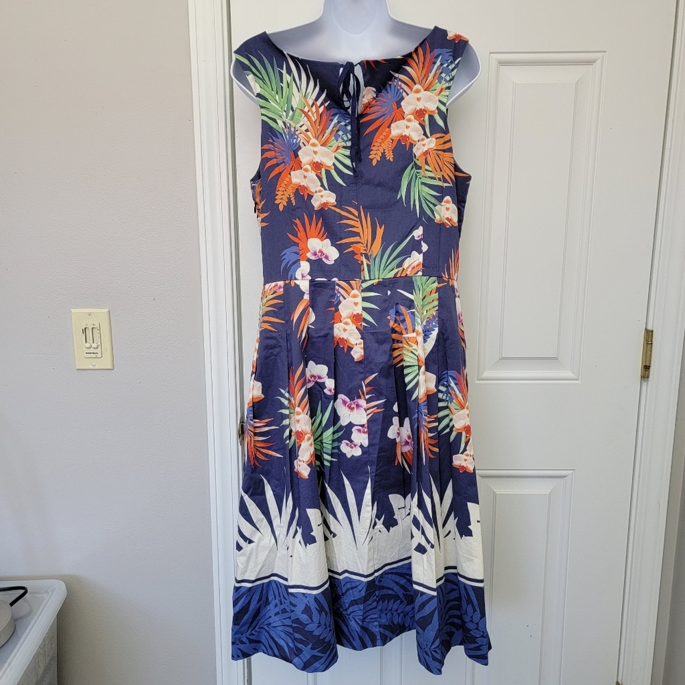Talbots Tropical Print Sleeveless Lined A Line Dress Blue Orange Pleated Size 8 - Picture 9 of 15